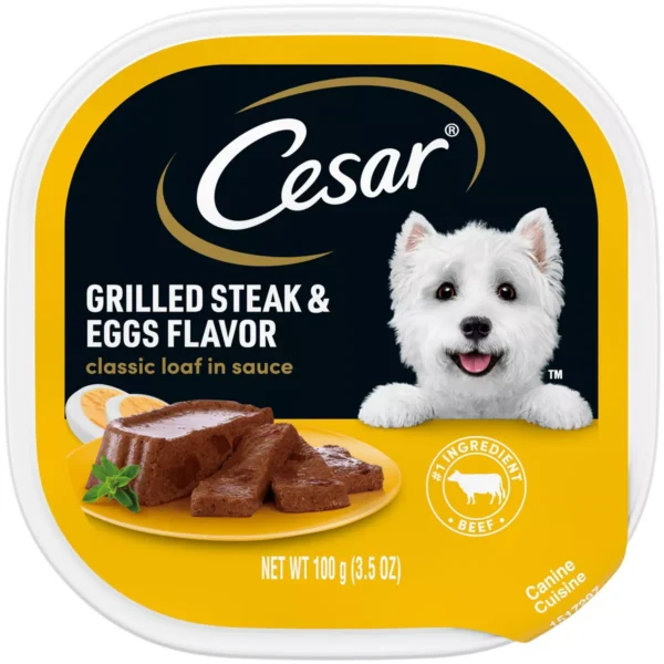 Cesar Classic Loaf in Sauce Grilled Steak, Beef, Gravy and Eggs Flavor Small Breed Wet Dog Food 3.5oz