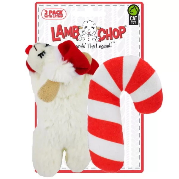 Multipet Lamb Chop with Santa Hat and Crinkle Candy Cane Catnip Plush Cat Toy 2pk