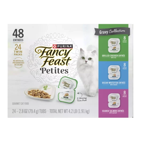 Purina Fancy Feast Petites Gourmet Collection Variety Pack Chicken, Salmon, Seafood and Fish Flavor Gravy Wet Cat Food 2.8oz/48ct